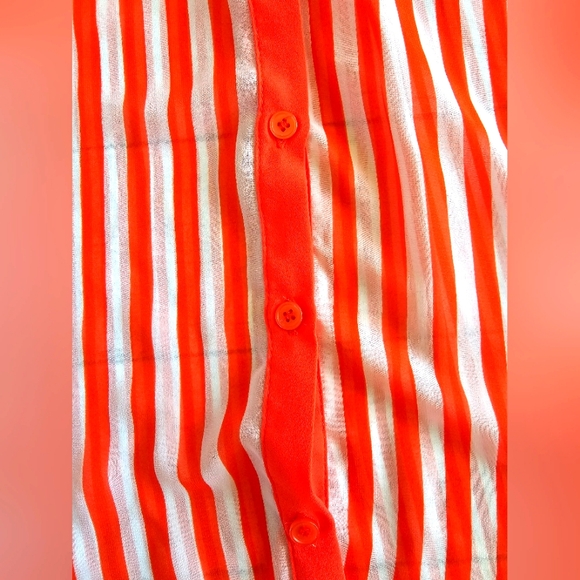 Me Sense Bright Orange & White Striped Collar Sheer Chiffon Button Up Blouse Top - Picture 8 of 11